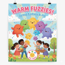 A colorful and cheerful poster titled "WARM FUZZIES!" with the tagline "Spread Kindness & Joy". The illustration features a diverse group of happy children on a grassy field, catching small, smiling, fluffy creatures of various colors that are floating down from a bright blue sky filled with confetti. In the center at the bottom is a circular emblem with a smiling sun that reads "FEEL GOOD!".
