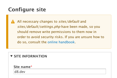 All necessary changes to sites/default and sites/default/settings.php have been made, so you should remove write permissions to them now in order to avoid security risks. If you are unsure how to do so, consult the online handbook.