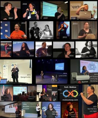 Montage of photos of Donna Speaking at different events, in different places over many years.