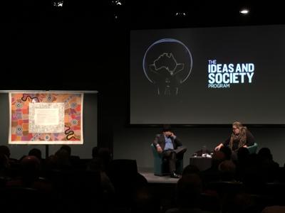 Professor Megan Davis, and Noel Pearson on stage with the Uluru Statement