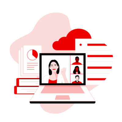 Illustration: People in a virtual meeting using video conferencing showing a pie chart