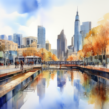 water color painting of the city of melbourne from southbank looking towards flinders street station